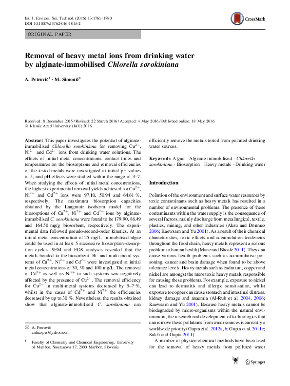 (PDF) Removal of heavy metal ions from drinking water by alginate ...