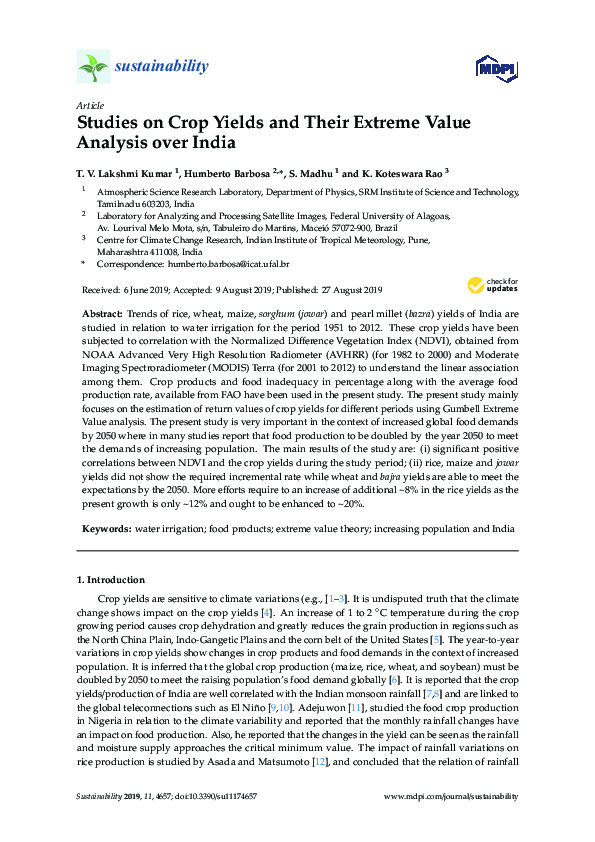 (PDF) Studies on Crop Yields and Their Extreme Value Analysis over India