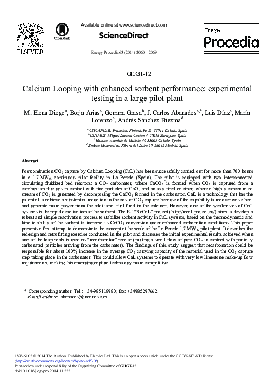 (PDF) Calcium Looping with Enhanced Sorbent Performance: Experimental ...