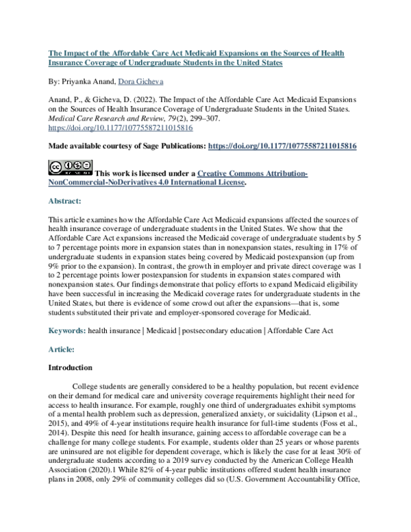 (PDF) The Impact of the Affordable Care Act Medicaid Expansions on the ...