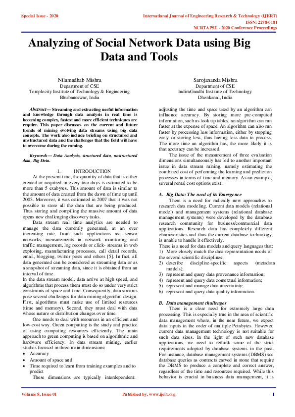 (PDF) Analyzing of Social Network Data using Big Data and Tools