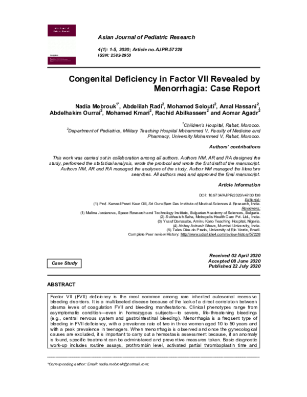 (PDF) Congenital Deficiency in Factor VII Revealed by Menorrhagia: Case ...
