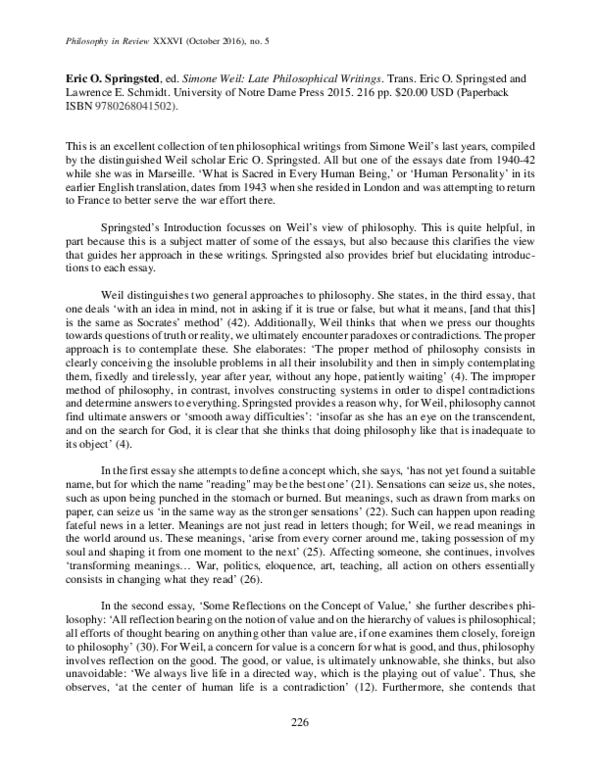 (PDF) Eric O. Springsted, ed. , Simone Weil: Late Philosophical ...