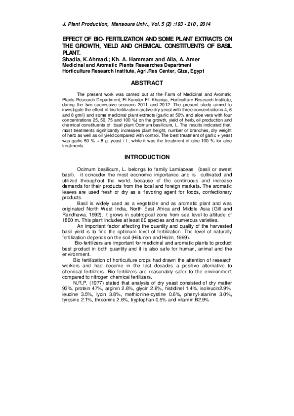 (PDF) Effect of Bio- Fertilization and Some Plant Extracts on the ...