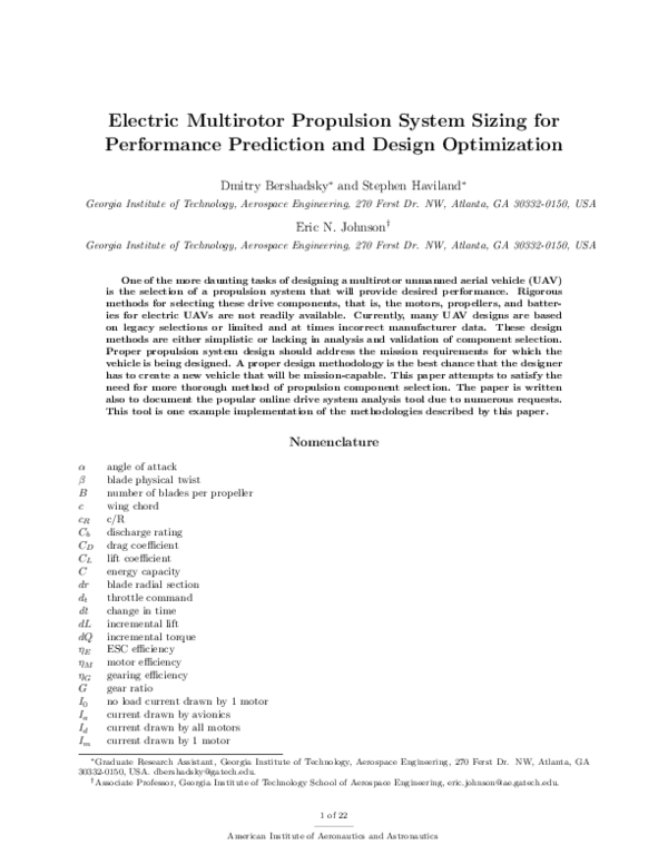 (PDF) Electric Multirotor UAV Propulsion System Sizing for Performance ...