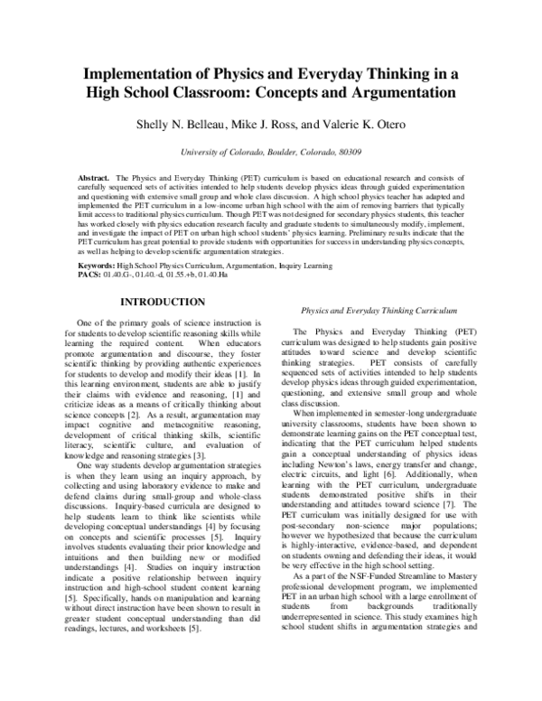 (PDF) Implementation of physics and everyday thinking in a high school ...