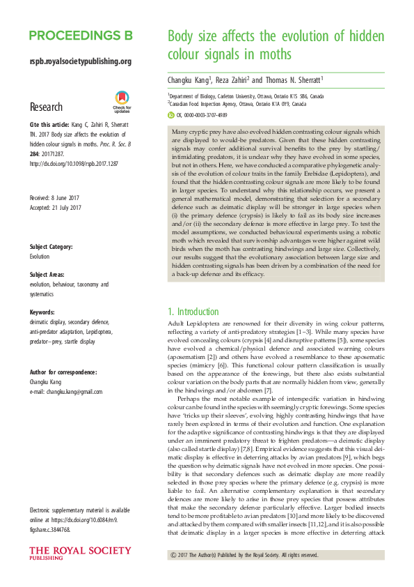 (PDF) Body size affects the evolution of hidden colour signals in moths