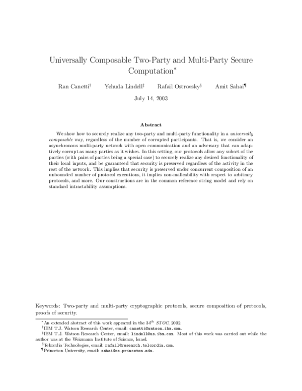 (PDF) Universally composable two-party and multi-party secure computation