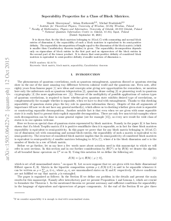 (PDF) Separability Properties for a Class of Block Matrices