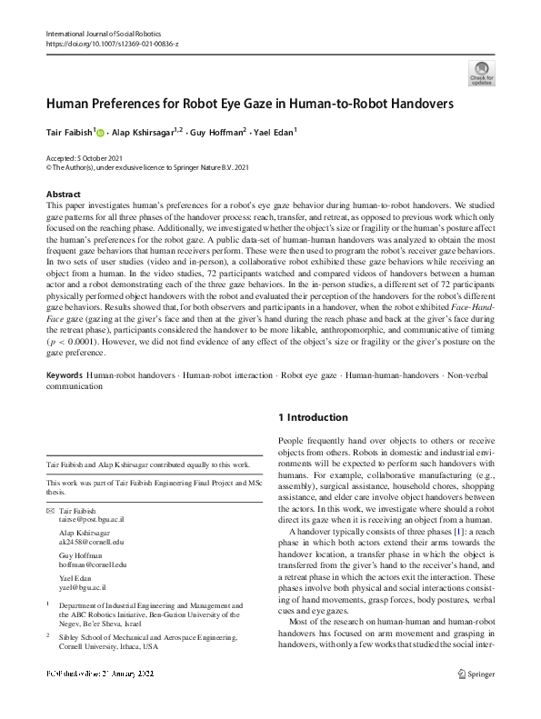 (PDF) Human Preferences for Robot Eye Gaze in Human-to-Robot Handovers