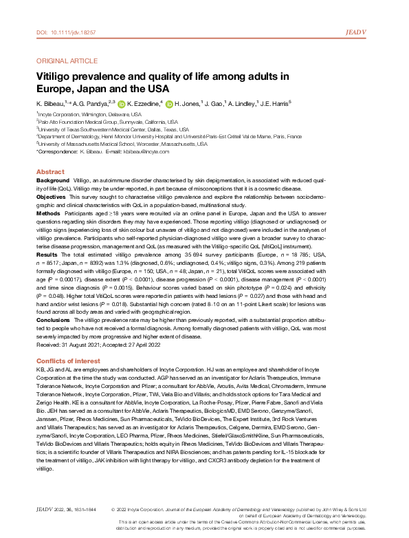 (PDF) Vitiligo prevalence and quality of life among adults in Europe ...