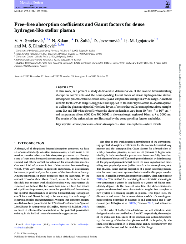(PDF) Free–free absorption coefficients and Gaunt factors for dense ...