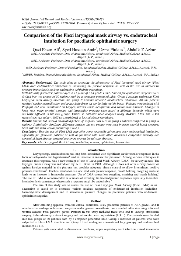 (PDF) Comparison of the Flexi laryngeal mask airway vs. endotracheal