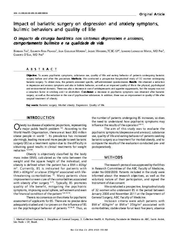 (PDF) Impact of bariatric surgery on depression and anxiety symptons ...