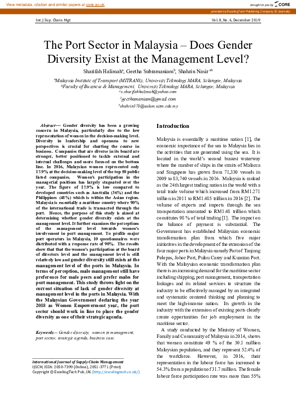 (PDF) The Port Sector in Malaysia – Does Gender Diversity Exist at the ...