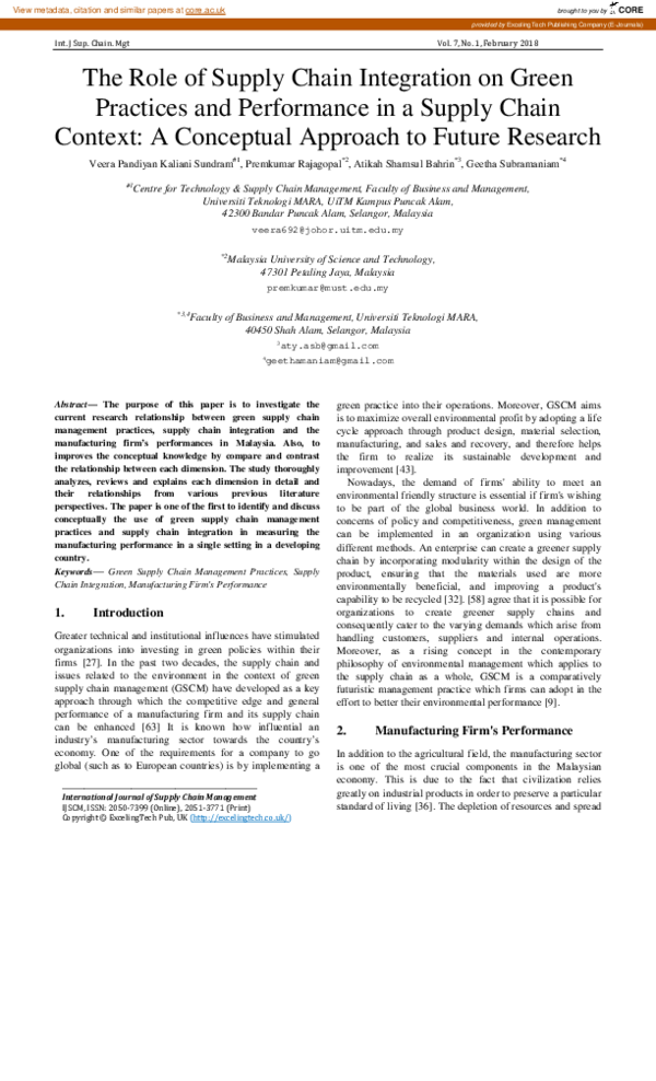 (PDF) The Role of Supply Chain Integration on Green Practices and ...