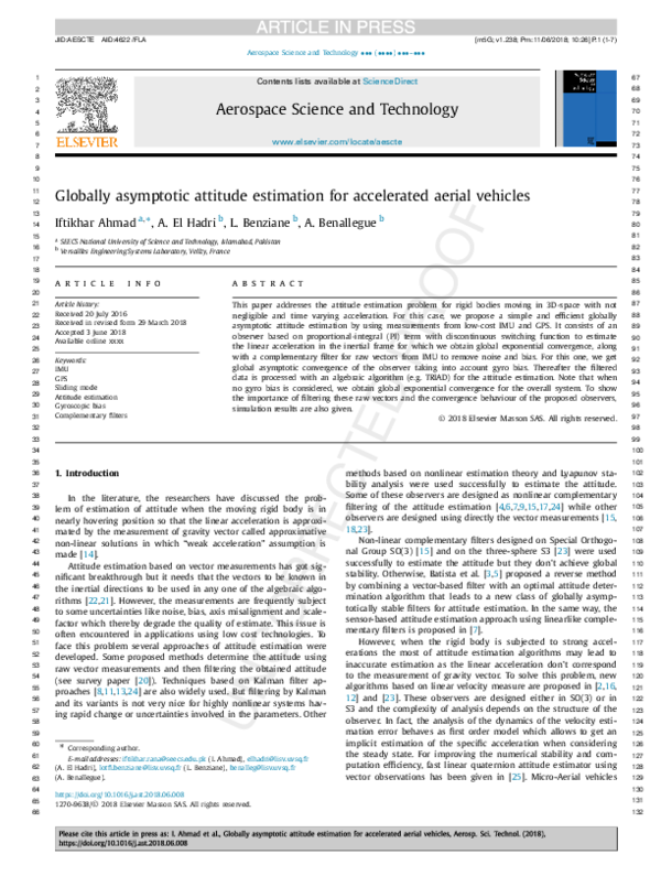 (PDF) Globally asymptotic attitude estimation for accelerated aerial ...