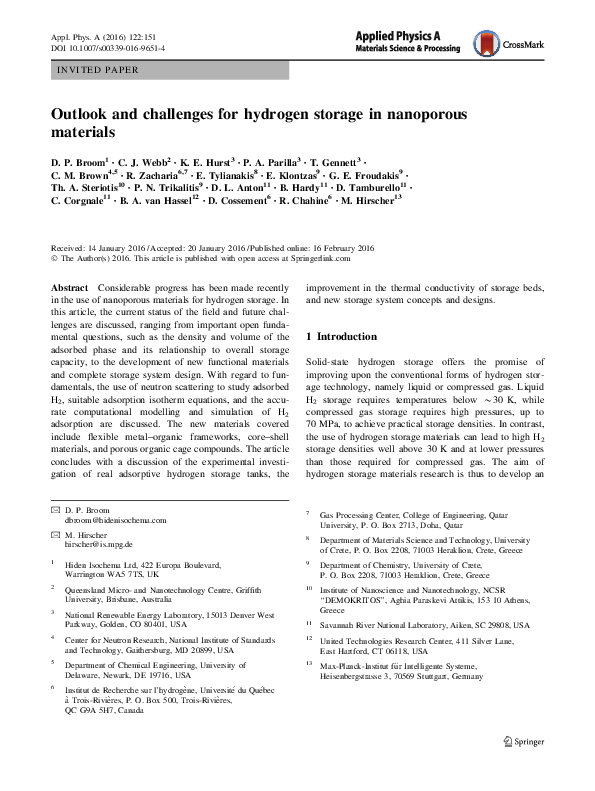 (PDF) Outlook and challenges for hydrogen storage in nanoporous materials