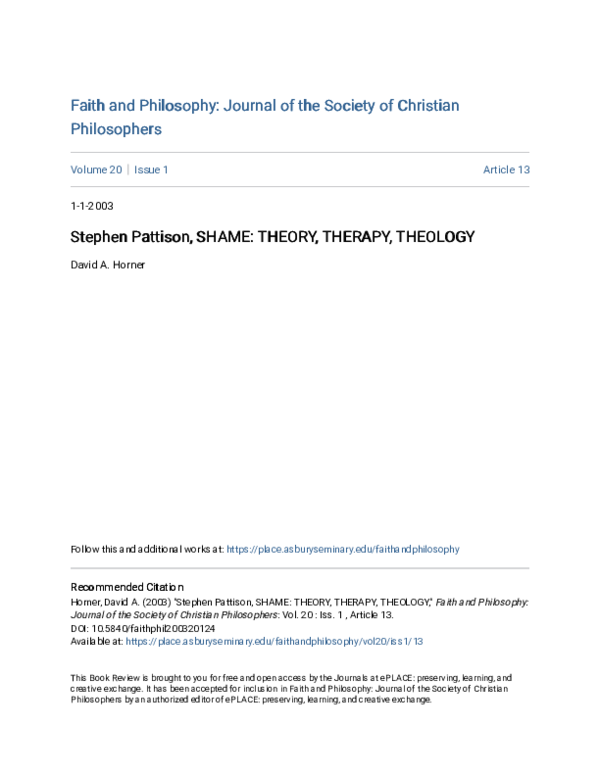 (PDF) Stephen Pattison, SHAME THEORY, THERAPY, THEOLOGY