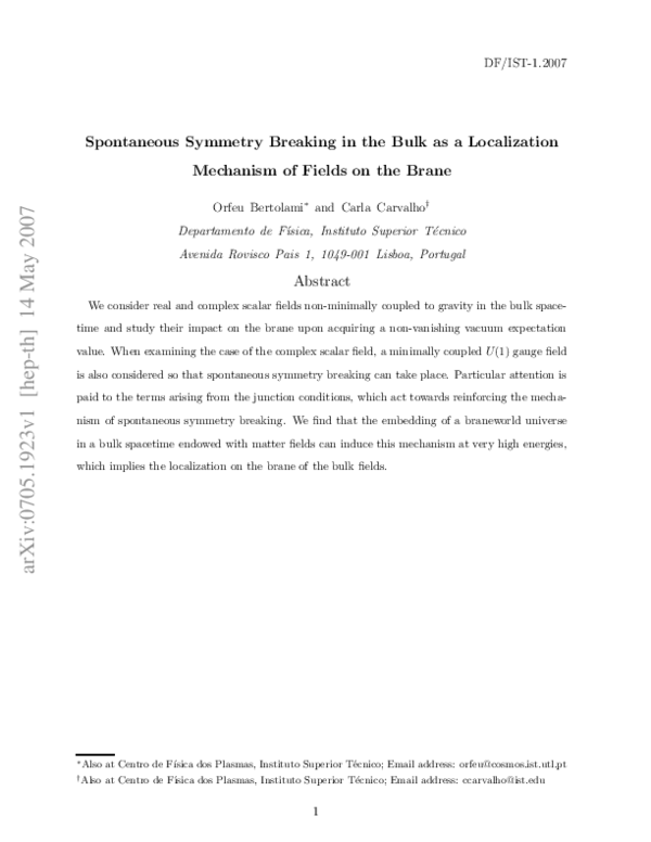 (PDF) Spontaneous symmetry breaking in the bulk and the localization of ...