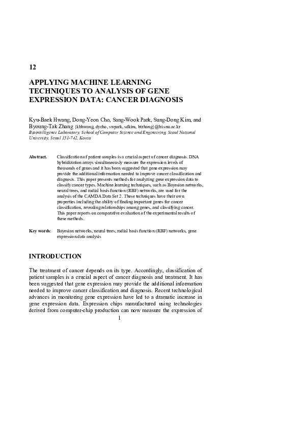 (PDF) Applying Machine Learning Techniques to Analysis of Gene ...
