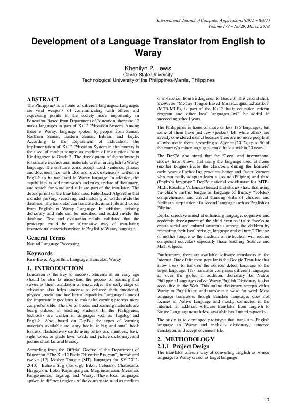(PDF) Development of a Language Translator from English to Waray