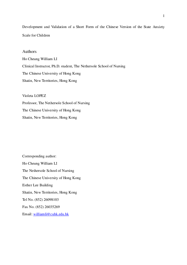 (PDF) Development and validation of a short form of the Chinese version ...