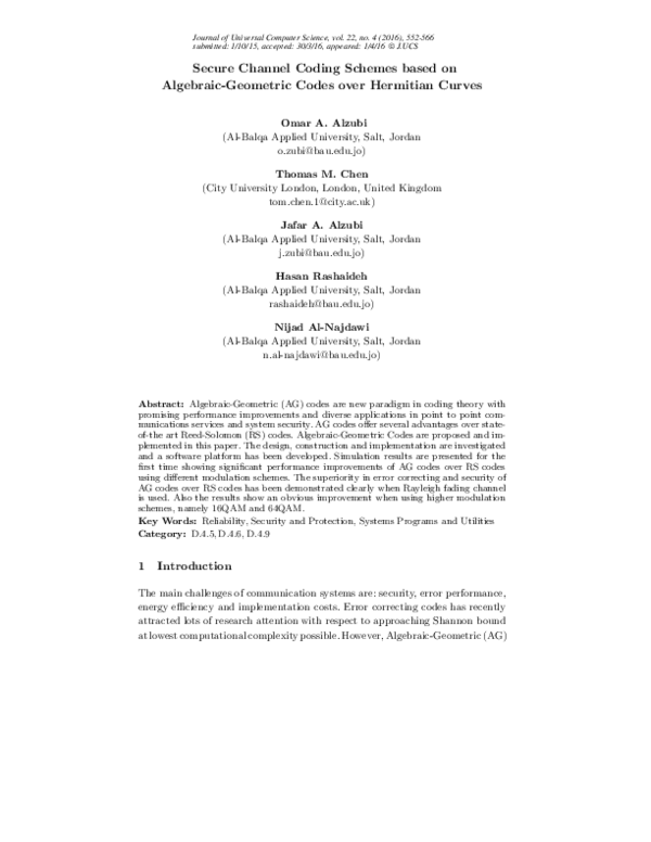 (PDF) Secure Channel Coding Schemes based on AlgebraicGeometric Codes
