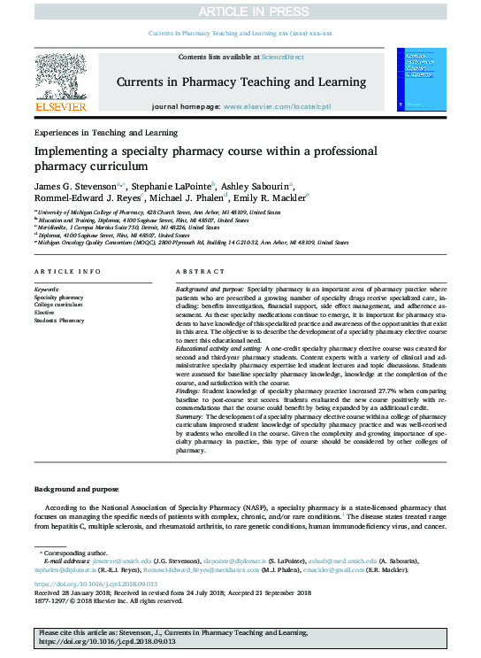 (PDF) Implementing a specialty pharmacy course within a professional ...