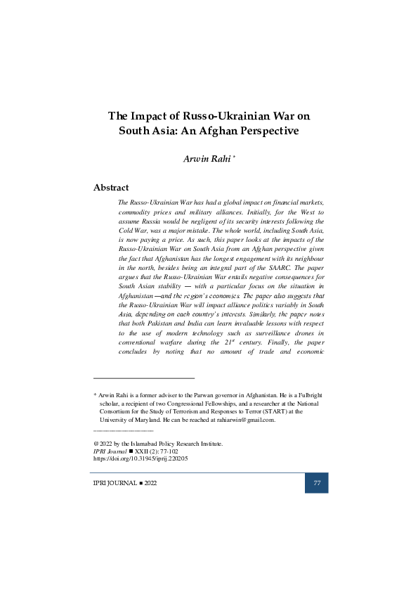 (PDF) The Impact of Russo-Ukrainian War on South Asia: An Afghan ...