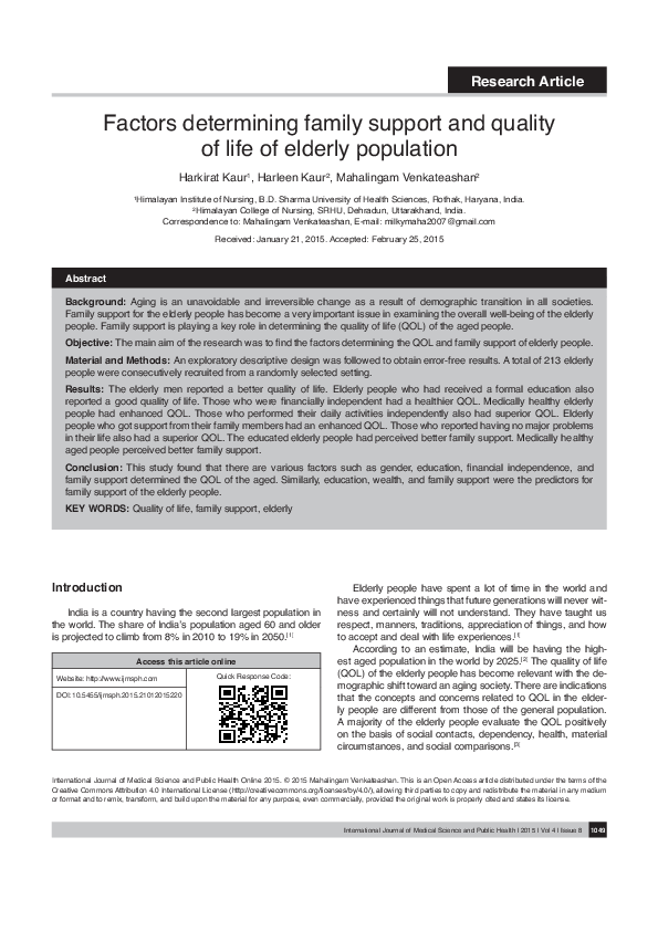 (PDF) Factors determining family support and quality of life of elderly ...