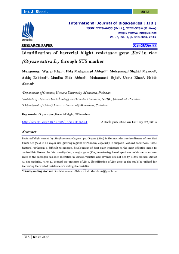 (PDF) Identification of bacterial blight resistance gene Xa7 in rice ...