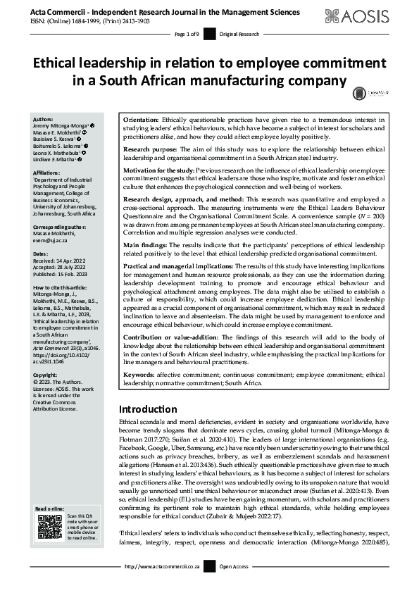 (PDF) Ethical leadership in relation to employee commitment in a South ...