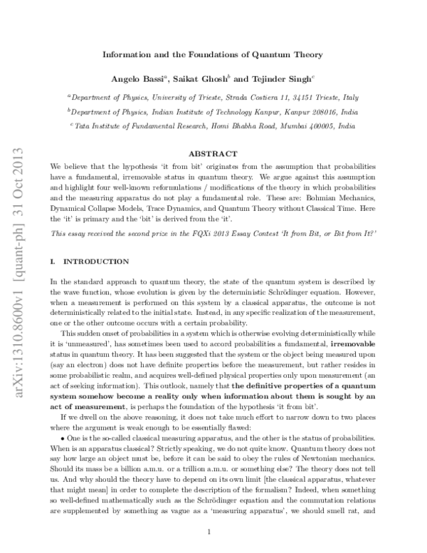 (PDF) Information and the Foundations of Quantum Theory