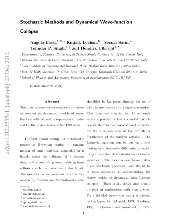(PDF) Stochastic Methods and Dynamical Wave-function Collapse