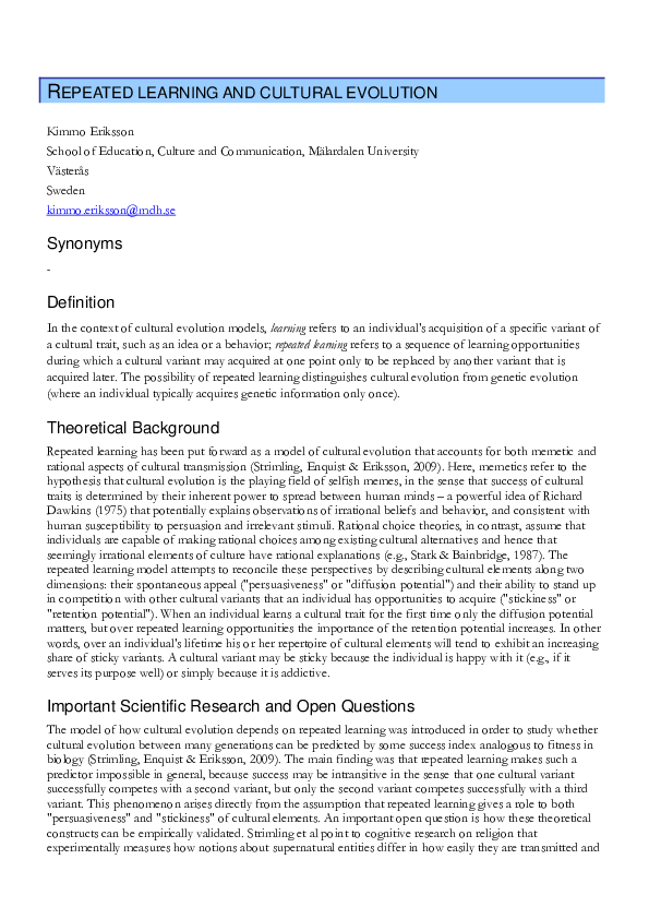 (PDF) Repeated Learning and Cultural Evolution