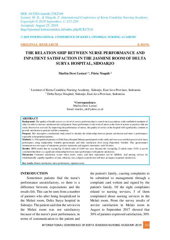 (PDF) The Relationship Between Nurse Performance and Inpatient ...