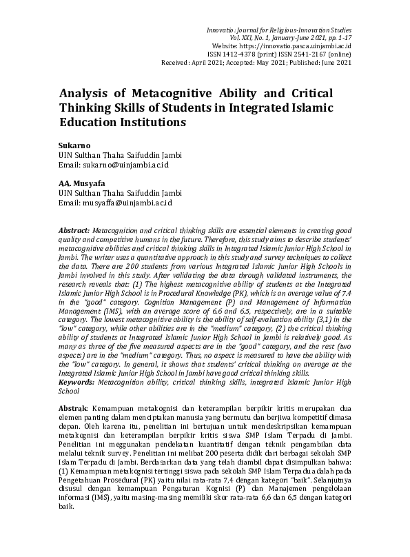 (PDF) AM Analysis of Metacognition Ability and Critical Thinking Skills ...