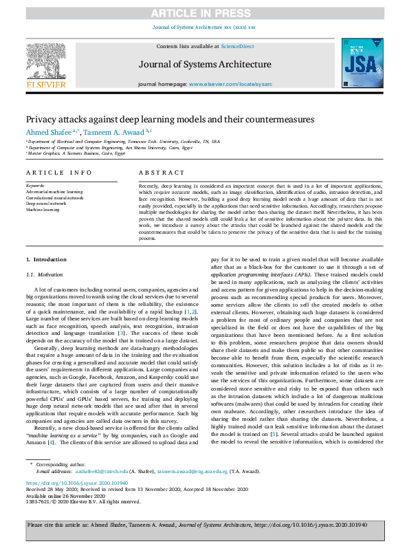 (PDF) Privacy attacks against deep learning models and their ...