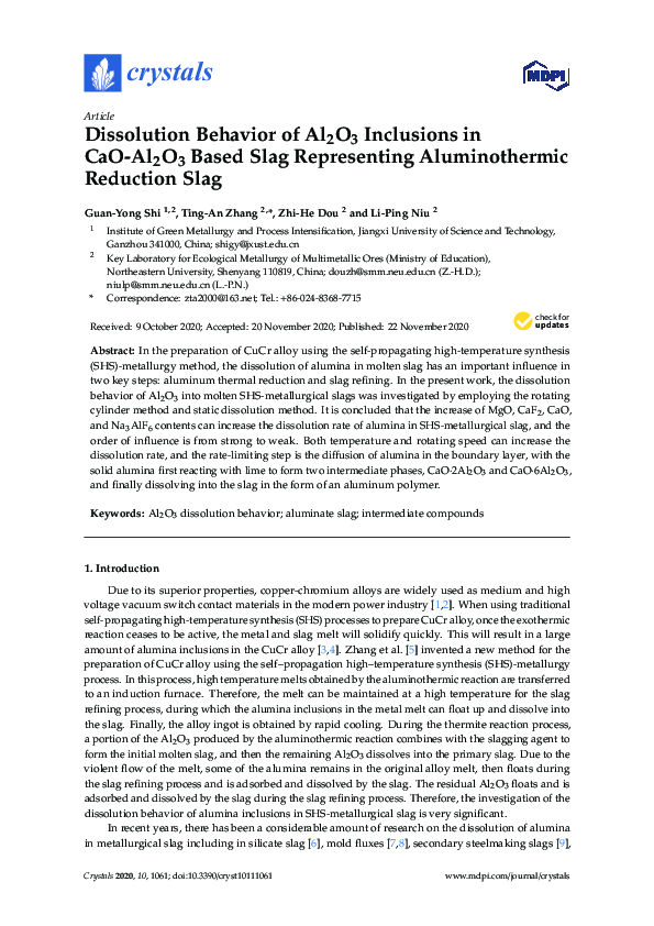 (PDF) Dissolution Behavior of Al2O3 Inclusions in CaO-Al2O3 Based Slag ...