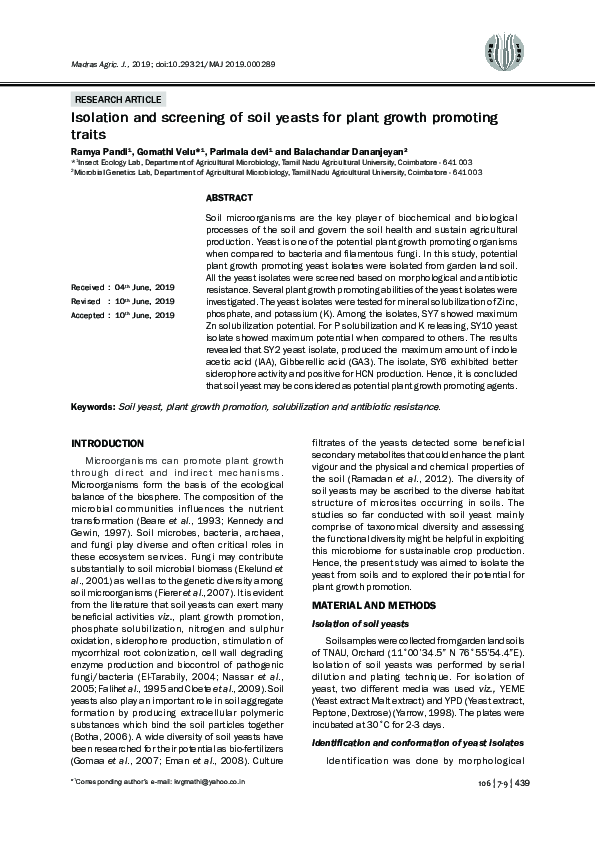 (PDF) Isolation and Screening of Soil Yeasts for Plant Growth Promoting ...