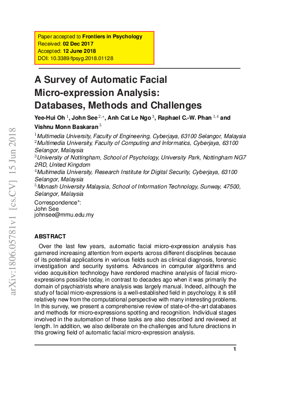 (PDF) A Survey of Automatic Facial Micro-Expression Analysis: Databases ...