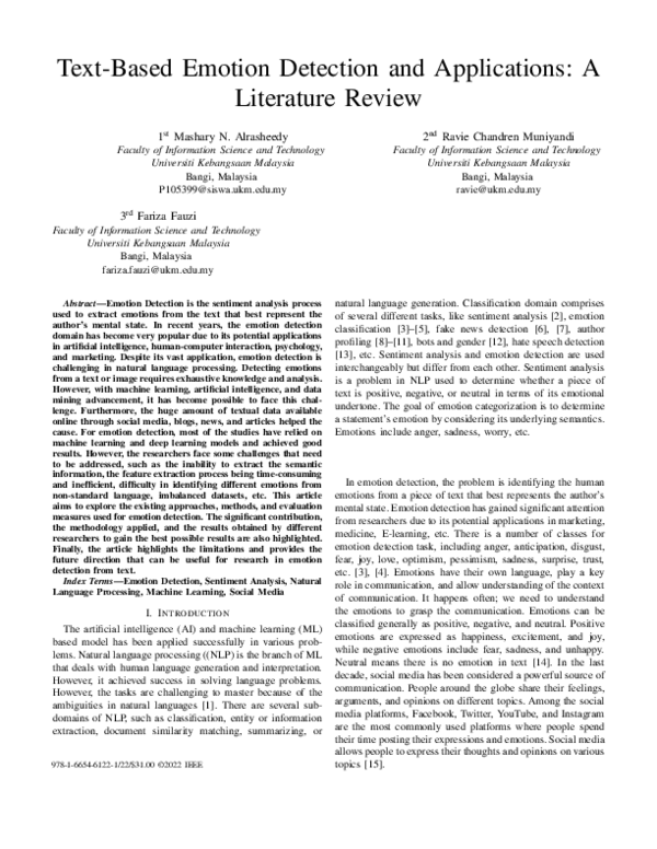 (PDF) Text-Based Emotion Detection and Applications: A Literature Review