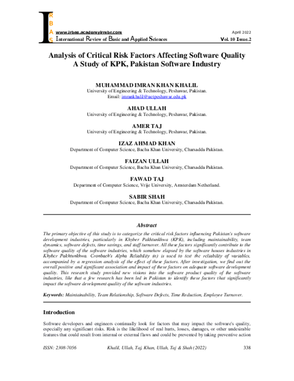 (PDF) Analysis of Critical Risk Factors Affecting Software Quality