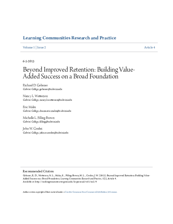 (PDF) Beyond Improved Retention Building ValueAdded Success on a