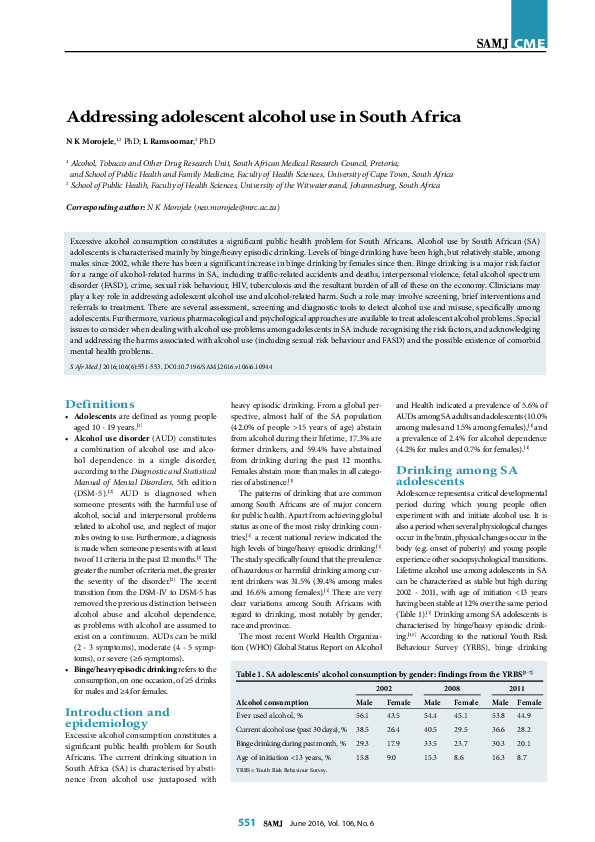 (PDF) Addressing adolescent alcohol use in South Africa