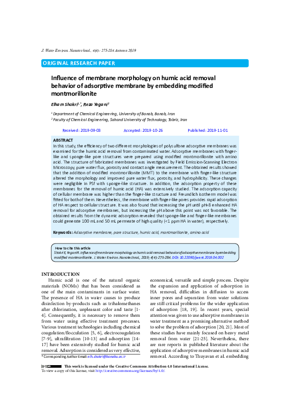 (PDF) Influence of membrane morphology on humic acid removal behavior ...