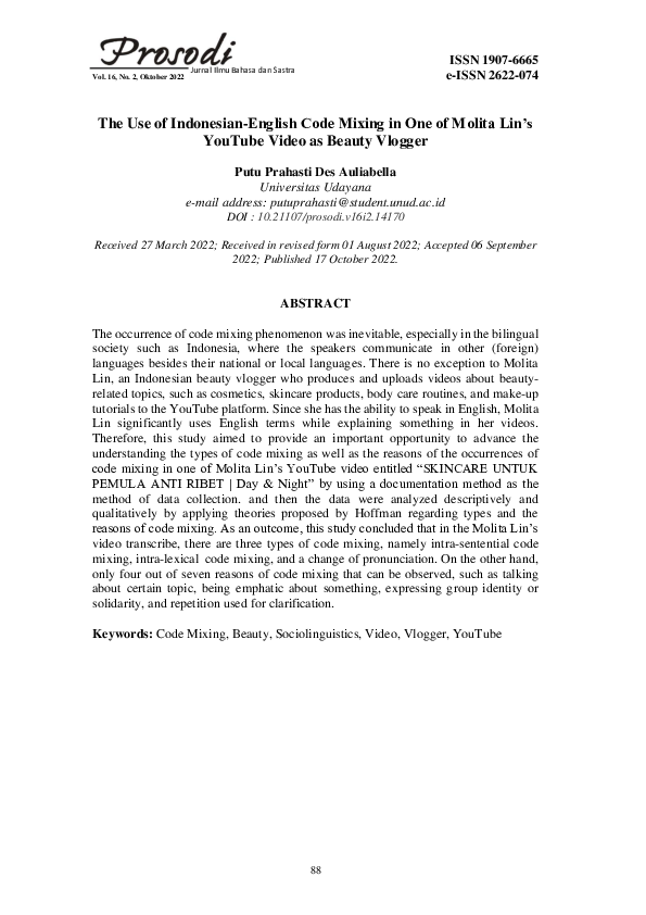 (PDF) The Use of Indonesian-English Code Mixing in One of Molita Lin’s ...