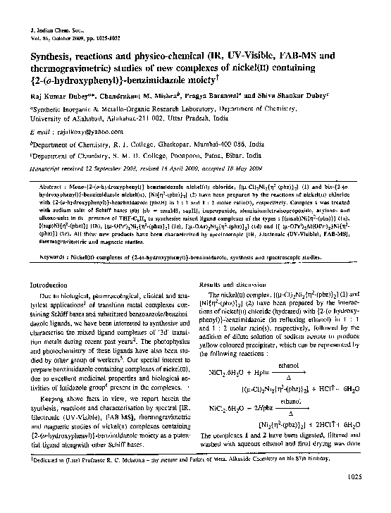 (PDF) Synthesis, reactions and physico-chemical (IR, UV-Visible, FAB-MS ...
