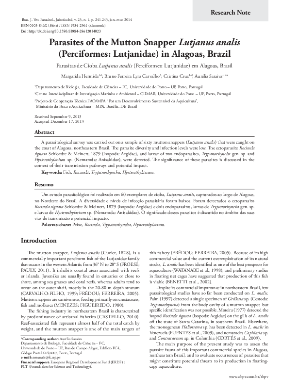 Parasites of the Mutton Snapper Lutjanus analis (Perciformes: Lutjanidae) in Alagoas, Brazil